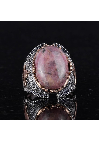 Gümüş Camii Yüzük, Rhodonit Doğal Taş Yüzük, 925 Ayar Gümüş Erkek Yüzük fırsatları