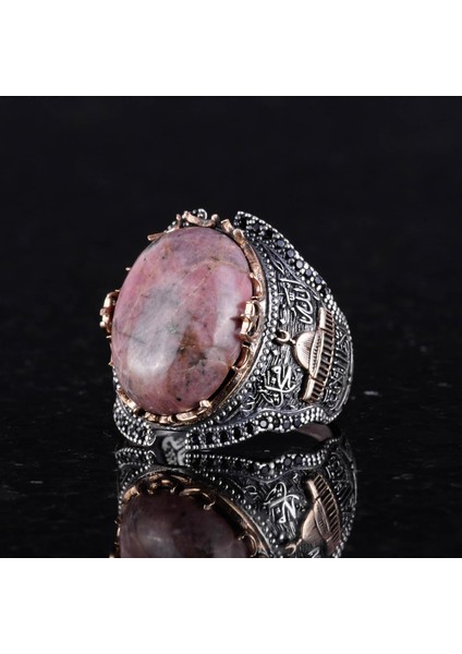 Gümüş Camii Yüzük, Rhodonit Doğal Taş Yüzük, 925 Ayar Gümüş Erkek Yüzük indirimleri