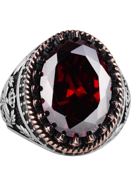 925 Ayar Gümüş Yüzük, Yapay Taş Yüzük, Kartal Sembolü Yüzük, El Yapımı Yüzük (Yapay Granat)