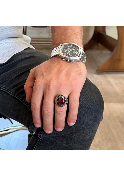 925 Ayar Gümüş Yüzük, Yapay Taş Yüzük, Kartal Sembolü Yüzük, El Yapımı Yüzük (Yapay Granat) modelleri