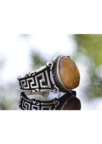 Doğal Sarı Safir Yüzük, 925 Ayar Gümüş Erkek Yüzüğü, Minimalist Tasarım fırsatları