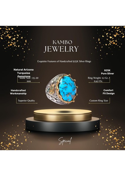 Erkekler Için 925 Ayar Gümüş Sultan Yüzük - Doğal 10 Karat Arizona Turkuaz Taşı fiyatları
