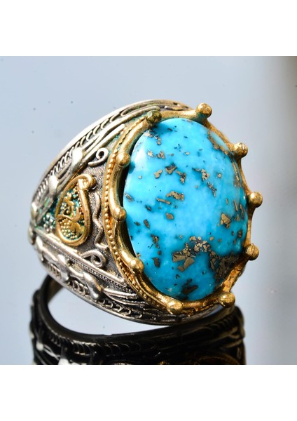 Erkekler Için 925 Ayar Gümüş Sultan Yüzük - Doğal 10 Karat Arizona Turkuaz Taşı modelleri