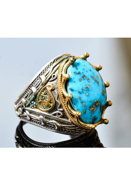 Erkekler Için 925 Ayar Gümüş Sultan Yüzük - Doğal 10 Karat Arizona Turkuaz Taşı fırsatları