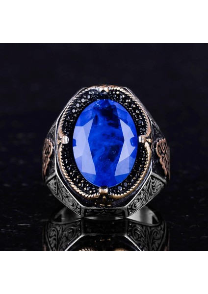 Navy Mavi Paraiba Yapay Taş Yüzük, 925 Ayar Gümüş Yüzük, Şık El Yapımı Gümüş Erkek Yüzüğü modelleri