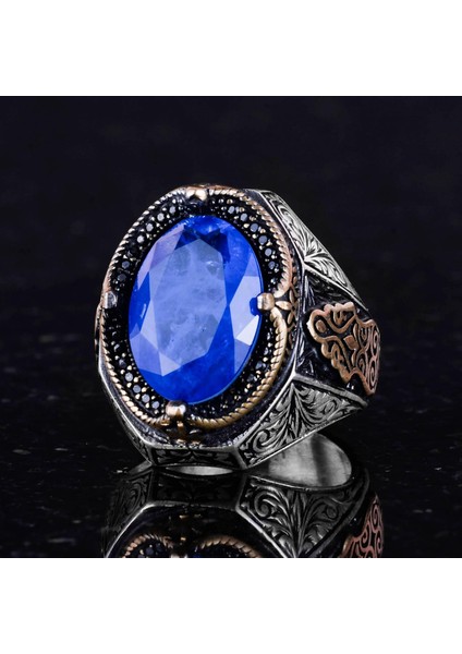 Navy Mavi Paraiba Yapay Taş Yüzük, 925 Ayar Gümüş Yüzük, Şık El Yapımı Gümüş Erkek Yüzüğü fırsatları