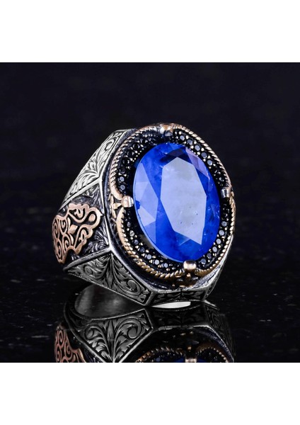 Navy Mavi Paraiba Yapay Taş Yüzük, 925 Ayar Gümüş Yüzük, Şık El Yapımı Gümüş Erkek Yüzüğü indirimleri