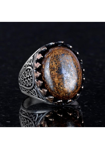 925 Ayar Katı Gümüş Erkek Yüzük - Doğal Taşlarla El Yapımı Şıklık (Bronzit Taşı) modelleri