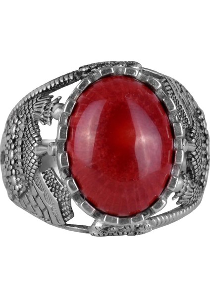 925 Ayar Gümüş Yüzük, Kırmızı Mercan Taşlı Yüzük, Islami Camii Gümüş Yüzük