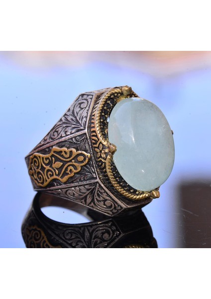 El Yapımı Vintage Tasarım Zümrüt Yüzük - 925 Ayar Gümüş Erkek Yüzük Altın Aksanlı (Akvamarin) modelleri