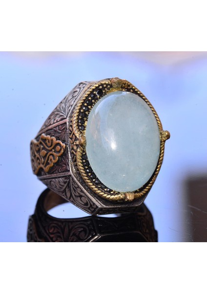 El Yapımı Vintage Tasarım Zümrüt Yüzük - 925 Ayar Gümüş Erkek Yüzük Altın Aksanlı (Akvamarin) fırsatları