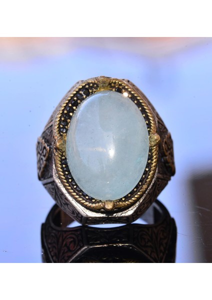 El Yapımı Vintage Tasarım Zümrüt Yüzük - 925 Ayar Gümüş Erkek Yüzük Altın Aksanlı (Akvamarin) indirimleri