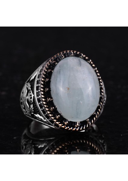 Doğal Taş Yüzük - El Yapımı Şahin Yüzük - 925 Ayar Gümüş Yüzük (Aquamarine) indirimleri