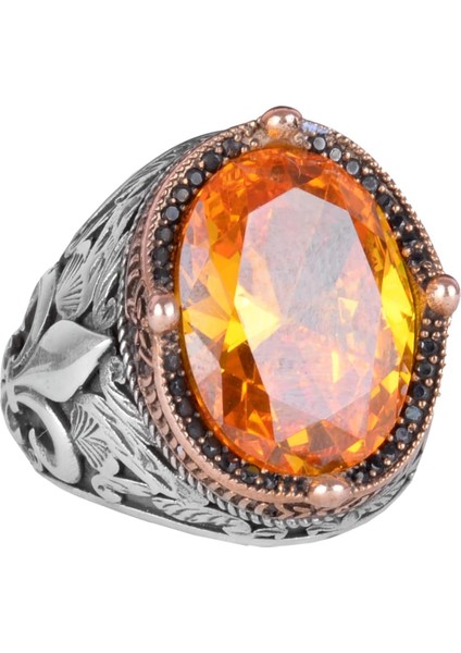 Gümüş Portakal Sitrin Taşlı Yüzük, Erkek Lüks 925 Ayar Sterling Gümüş Taşlı Yüzükler - Çeşitli Koleksiyon