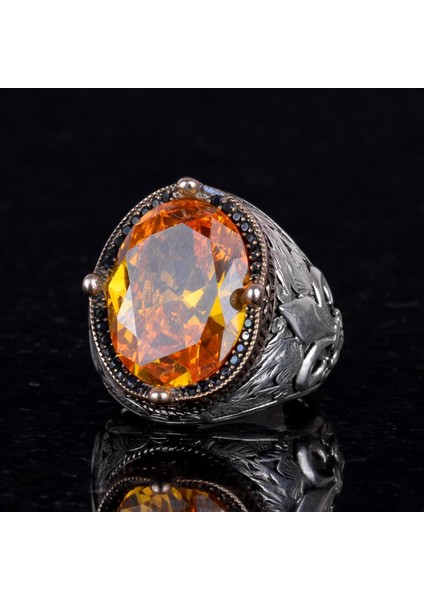 Gümüş Portakal Sitrin Taşlı Yüzük, Erkek Lüks 925 Ayar Sterling Gümüş Taşlı Yüzükler - Çeşitli Koleksiyon fiyatları