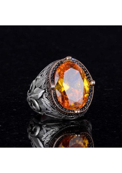 Gümüş Portakal Sitrin Taşlı Yüzük, Erkek Lüks 925 Ayar Sterling Gümüş Taşlı Yüzükler - Çeşitli Koleksiyon modelleri