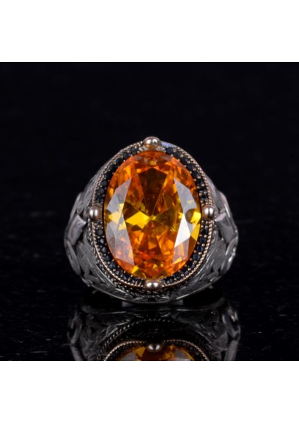 Gümüş Portakal Sitrin Taşlı Yüzük, Erkek Lüks 925 Ayar Sterling Gümüş Taşlı Yüzükler - Çeşitli Koleksiyon fırsatları