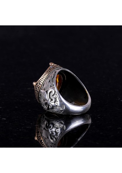 Gümüş Portakal Sitrin Taşlı Yüzük, Erkek Lüks 925 Ayar Sterling Gümüş Taşlı Yüzükler - Çeşitli Koleksiyon indirimleri