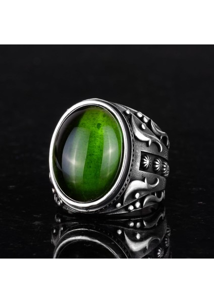 925 Ayar Gümüş Yüzük, Tasarım Gümüş Erkek Yüzük (Peridot Yapay Taş) fırsatları