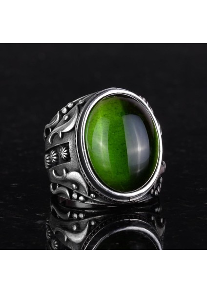 925 Ayar Gümüş Yüzük, Tasarım Gümüş Erkek Yüzük (Peridot Yapay Taş) indirimleri