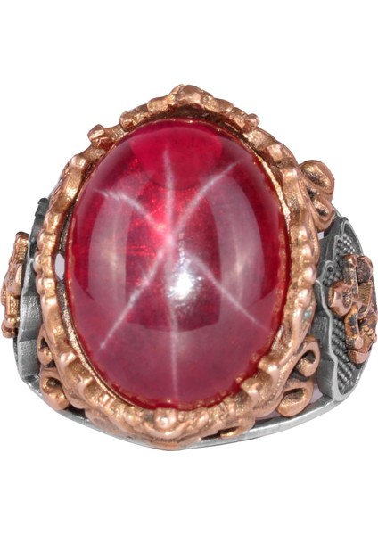 Denizci Çapa Yüzüğü, Doğal Star Ruby Taşı Yüzüğü, 925 Ayar Gümüş Erkek Yüzüğü