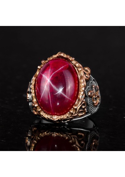 Denizci Çapa Yüzüğü, Doğal Star Ruby Taşı Yüzüğü, 925 Ayar Gümüş Erkek Yüzüğü indirimleri