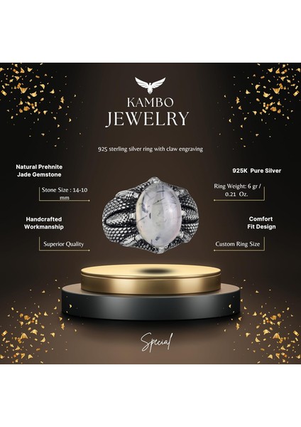Doğal Prehnit Yeşim Taşı ile Sterlin Gümüş Pençe Yüzük – Terazi Için El Yapımı Yüzük, Barış ve Spiritüel Bağlantı fiyatları
