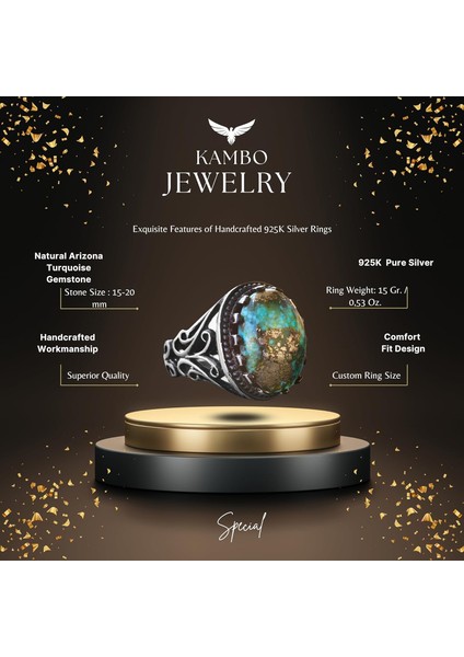 Doğal Arizona Turkuaz Taşlı 925 Ayar Gümüş Erkek Yüzük - Günlük Kullanım ve Özel Günler Için Ideal (Model-4) fiyatları