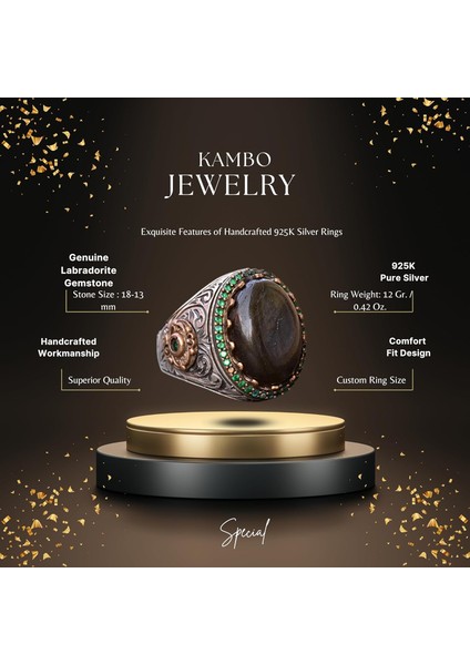 Labradorit Taş Yüzük, 11.10 Karat, Gümüş Kral Yüzük, 925 Ayar Gümüş Yüzük fiyatları