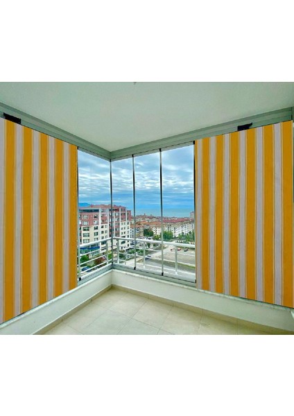 Balkon Perdesi Bağcıklı Ölçü Seçenekli Sarı Kalın Çizgili