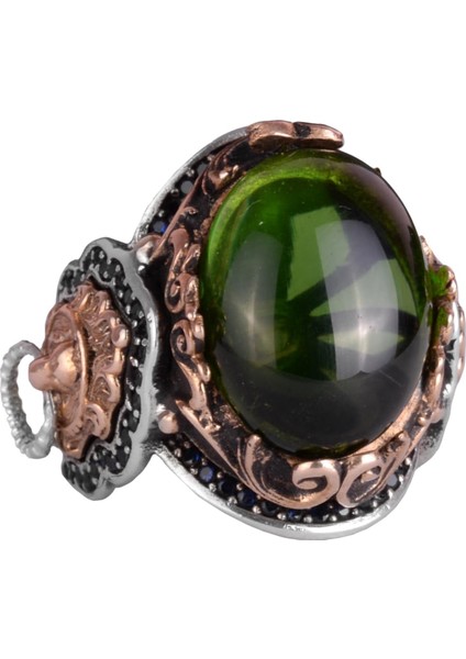 Peridot Yapay Taş Yüzük, 925 Ayar Gümüş Yüzük, Aslan Sembol Tasarımı Erkek Yüzüğü