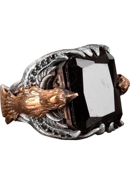 Doğal Obsidiyen Taş Yüzük, 925 Ayar Gümüş Yüzük, Kuş Yüzüğü