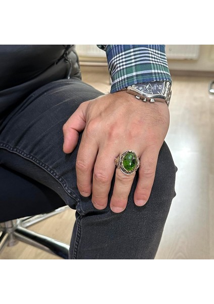 Peridot Yapay Taş Yüzük, 925 Ayar Gümüş Yüzük, Aslan Sembol Tasarımı Erkek Yüzüğü
