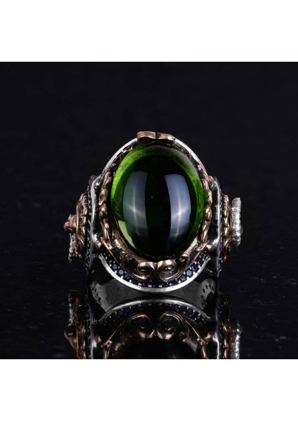 Peridot Yapay Taş Yüzük, 925 Ayar Gümüş Yüzük, Aslan Sembol Tasarımı Erkek Yüzüğü