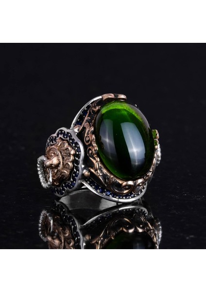 Peridot Yapay Taş Yüzük, 925 Ayar Gümüş Yüzük, Aslan Sembol Tasarımı Erkek Yüzüğü