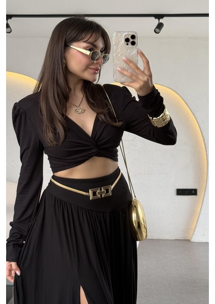 Hot Fashıon Kadın Büzgülü Uzun Kol Crop Bluzlü ve Derin Yırtmaçlı Maxi Boy Balon Etekli Ikili Takım