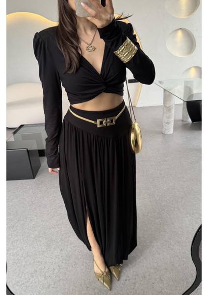 Hot Fashıon Kadın Büzgülü Uzun Kol Crop Bluzlü ve Derin Yırtmaçlı Maxi Boy Balon Etekli Ikili Takım fiyatları