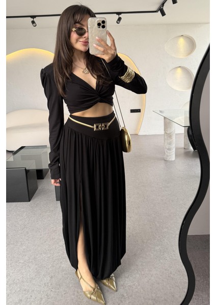 Hot Fashıon Kadın Büzgülü Uzun Kol Crop Bluzlü ve Derin Yırtmaçlı Maxi Boy Balon Etekli Ikili Takım modelleri