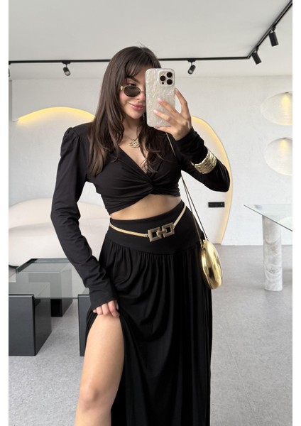 Hot Fashıon Kadın Büzgülü Uzun Kol Crop Bluzlü ve Derin Yırtmaçlı Maxi Boy Balon Etekli Ikili Takım fırsatları