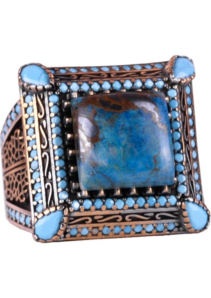 Doğal Azurit Taşlı Yüzük - 925 Ayar Gümüş Erkek Takısı - El Yapımı Yüzük