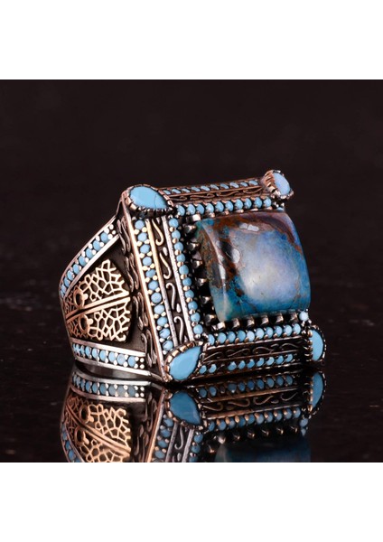 Doğal Azurit Taşlı Yüzük - 925 Ayar Gümüş Erkek Takısı - El Yapımı Yüzük indirimleri