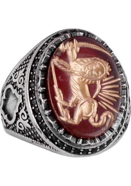 Doğal Akik Taşı Aslan Yüzüğü - Oymalı ve Kazınmış Taş 925 Ayar Gümüş Erkek Yüzüğü