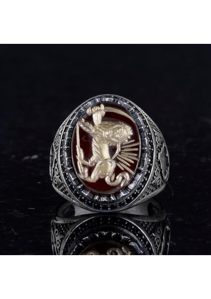 Doğal Akik Taşı Aslan Yüzüğü - Oymalı ve Kazınmış Taş 925 Ayar Gümüş Erkek Yüzüğü fırsatları
