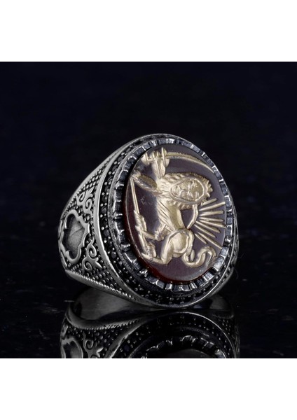 Doğal Akik Taşı Aslan Yüzüğü - Oymalı ve Kazınmış Taş 925 Ayar Gümüş Erkek Yüzüğü indirimleri