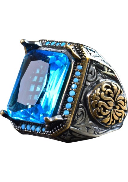 925 Ayar Gümüş Erkek Yüzük, Yapay Akuamarin Taşı ve Karmaşık Oymalı Tasarım ile