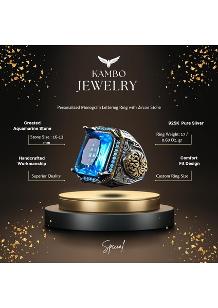 925 Ayar Gümüş Erkek Yüzük, Yapay Akuamarin Taşı ve Karmaşık Oymalı Tasarım ile fiyatları