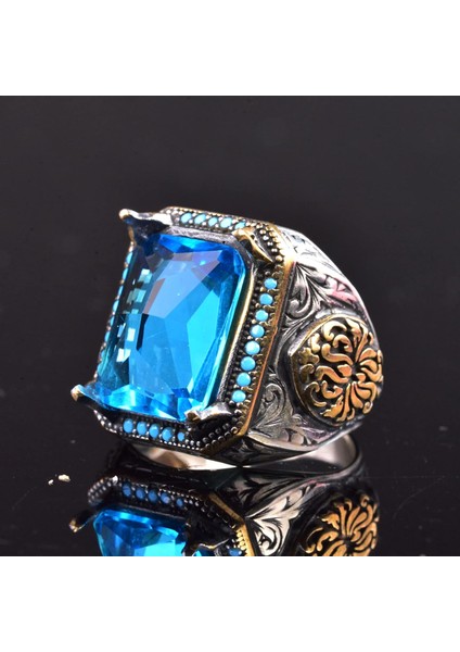 925 Ayar Gümüş Erkek Yüzük, Yapay Akuamarin Taşı ve Karmaşık Oymalı Tasarım ile fırsatları