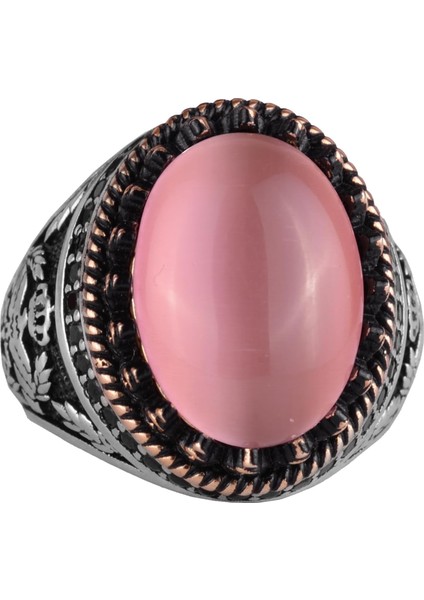 925 Ayar Gümüş Yüzük, Yapay Taş Yüzük, Şahin Sembolü Yüzük, El Yapımı Yüzük (Yapay Pembe Kedigözü)