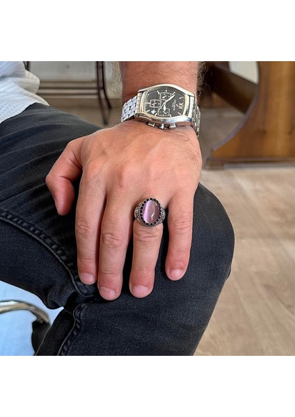 925 Ayar Gümüş Yüzük, Yapay Taş Yüzük, Şahin Sembolü Yüzük, El Yapımı Yüzük (Yapay Pembe Kedigözü) modelleri