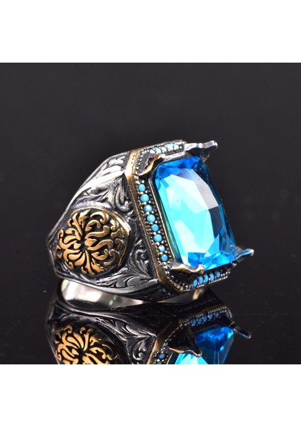925 Ayar Gümüş Erkek Yüzük, Yapay Akuamarin Taşı ve Karmaşık Oymalı Tasarım ile indirimleri